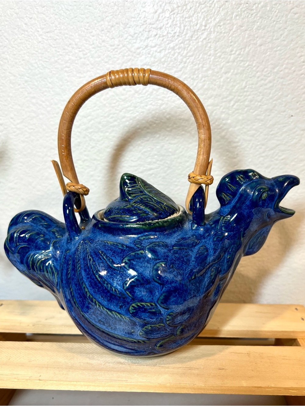 Ceramic Chicken Form Teapot | Cobalt Blue Ceramic w Bamboo Handle | Indonesia - Picture 2 of 11